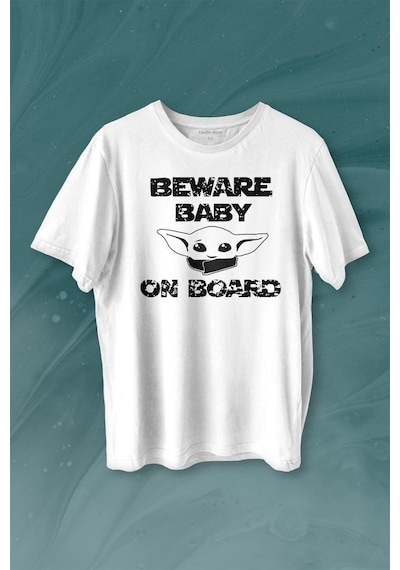 Baby Yoda Star Wars Mandalorian Beware Baby On Board Baskılı Tişört Unisex T-shirt 001