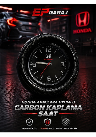 Honda Civic 1989 2025 Uyumlu Araç İçi Saat Honda Logolu Carbon Kaplama Tasarı -