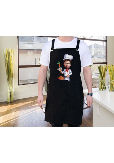 Bk Gift Kişiye Özel Erkek Chef Karikatürlü Profesyonel Siyah Mutfak Önlüğü, Aşçı Önlüğü, Şef Önlüğü, Arkadaşa -8 Siyah