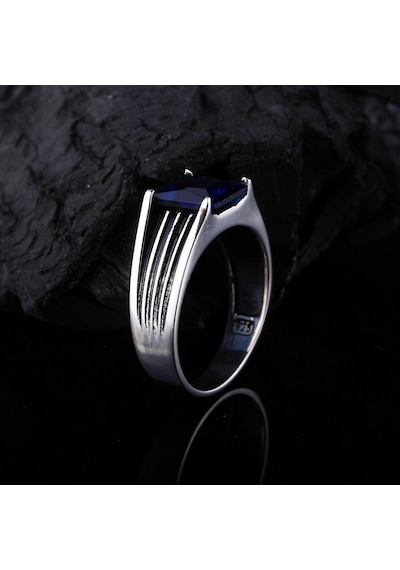 925 Ayar Gümüş Baget Safir Taşlı Erkek Yüzük Silver
