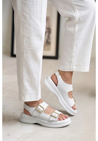 Giamgia Store Kadın Beyaz İki Bantlı Kalın Taban Rahat Günlük Sandalet-2356