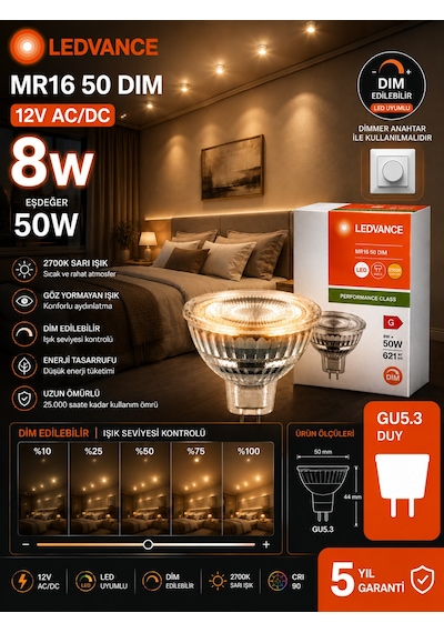 6 Adet Ledvance 12v Ac/dc 8w 50w Dimli 2700k Sarı Işık Gu5.3 Duylu Led Çanak Ampul