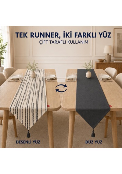 Tek Runner İki Farklı Yüz, Çift Taraflı Kullanım 45 X 150 Cm, Desenli Ve Düz İki Yüzlü Runner, Püsküllü Dekoratif Masa Örtüsü Gri Lacivert Krem Çizgili Desenli Çok Renkli Tek Runner İki Farklı Yüz, Çift Taraflı Kullanım 45 X 150 Cm, Desenli Ve Düz İki Yüzlü Runner, Püsküllü Dekoratif Masa Örtüsü Gri Lacivert Krem Çizgili Desenli Çok Renkli