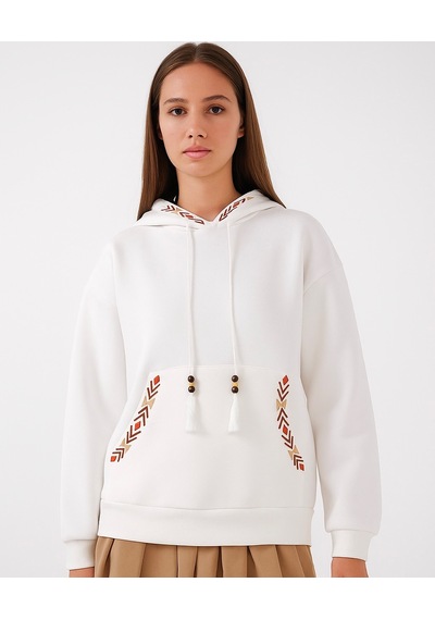 Bigdart Kadın Kapşonlu Şardonlu Nakışlı Üç İplik Beyaz Kadın Sweatshirt Beyaz