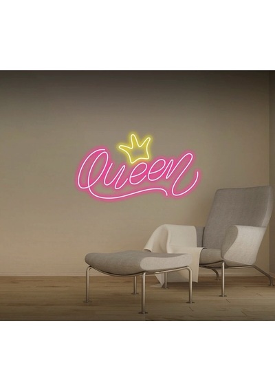 Queen Yazılı Taç Figürlü Neon Tabela Pembe