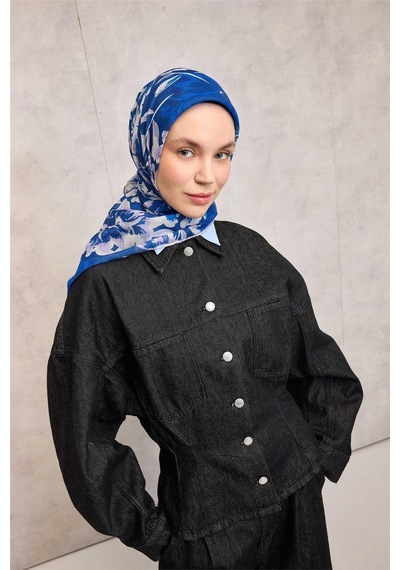 Silk Home Pamuk Polyester Eşarp Saks Mavi Büyük Papatya Desenli Soft Dokulu Kaymaz 90x90 Çok Renkli