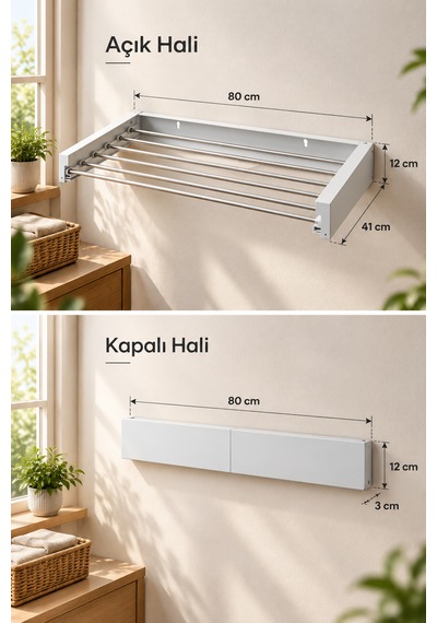 Lavinger Çamaşır Kurutma Askısı 80 Cm 6 Borulu Duvara Monte Kurutmalık Beyaz