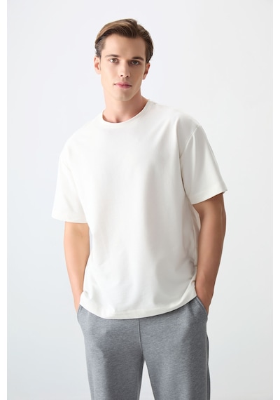 Air Jones Tommy Life Ekru Pamuklu Kalın Yumuşak Dokulu Oversize Fit Basic Erkek T-shirt - 88377 Ekru
