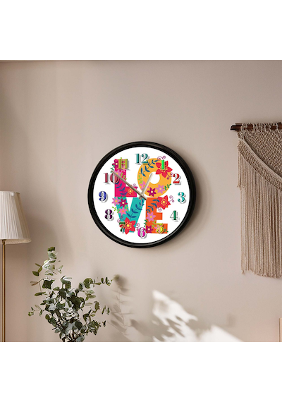 Çiçekli Love Yazılı Dekoratif Duvar Saati 28 Cm Sessiz Mekanizma Çok Renkli