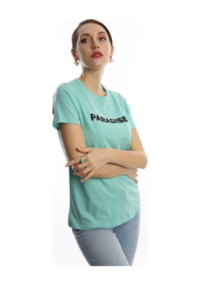 Kadın Paradise Baskılı Bisiklet Yaka Tişört Turkuaz Kadın Paradise Baskılı Bisiklet Yaka Tişört Turkuaz