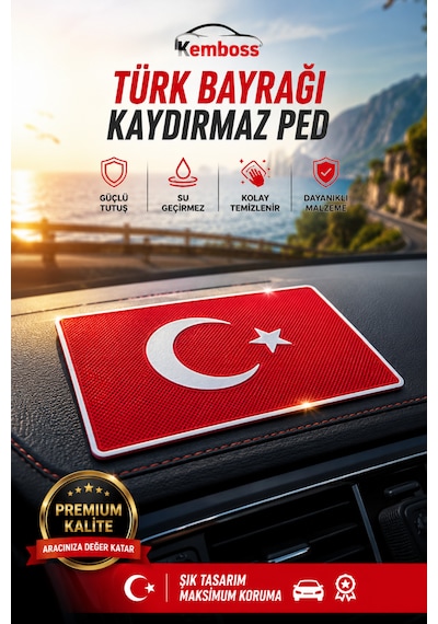 Türk Bayrağı Torpido Üstü Kaydırmaz Ped Telefon Gözlük Anahtar Tutucu