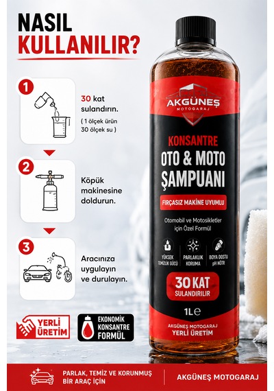 Akgüneş Motogaraj 1 Lt Konsantre Oto & Moto Şampuanı 30 Kat Sulandırılabilir Fırçasız Makine Uyumlu