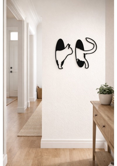 Kedi Figürlü Mdf Duvar Dekoru 2 Li Set Modern Siyah Minimal Kedi Tablosu Siyah