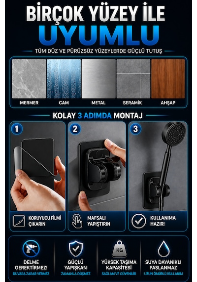 Ymv Yapışkanlı Duş Başlığı Askısı Mafsallı Ayarlanabilir Duş Tutacağı Delme Gerektirmeyen Güçlü Duvar Aparatı Siyah