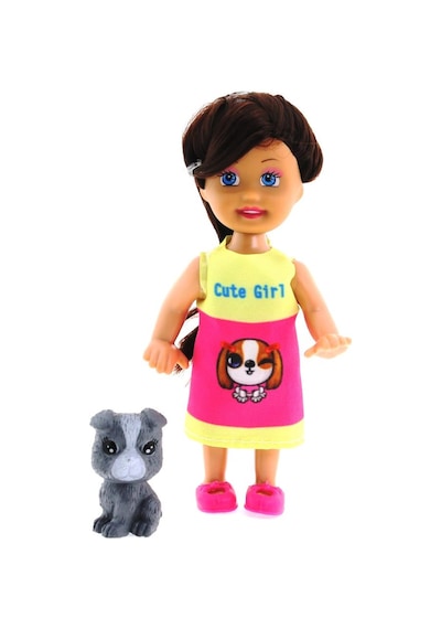 Cute Girl Gri Köpekli Ve Kumral Mini Bebek