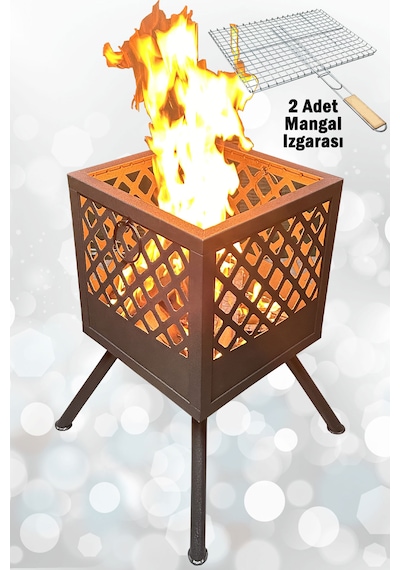 Ateş Çukuru 2 Adet Mangal Izgaralı Bahçe Şöminesi Barbekü Soba Firepit Ateş Çanağı