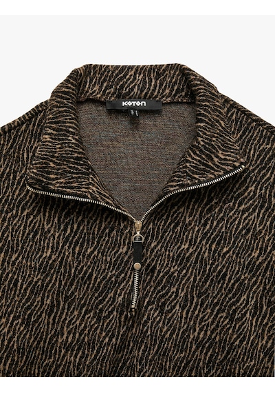 Koton Desenli Uzun Kollu Fermuarlı Yaka Sweatshirt Siyah Desenli 7wak30010uk Bdl