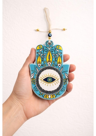 Seramik Nazar Duvar Süsü Fatma Eli Hamsa / 13 Cm El Yapımı / Kapı Girişi & Salon Dekoru / Anlamlı Hediye Çok Renkli