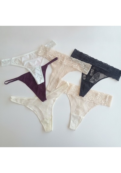 Bonbon Kadın Çeyizlik Ve Bohçalık 6'lı Paket Dantelli Ve Saten Karışık Renk Tanga Serisi Bb2653 Çok Renkli