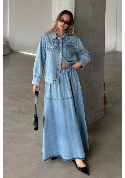 Olcay Çiçek Aplikeli Etek Ceket Denim Takım Mavi 9346-tk