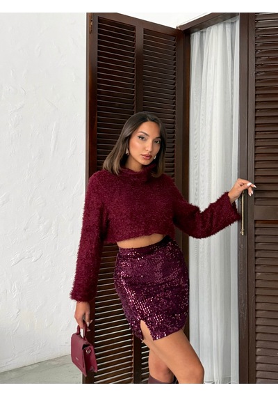 Verymoda Pullu Kadife Payet Mini Etek F2054 Mürdüm