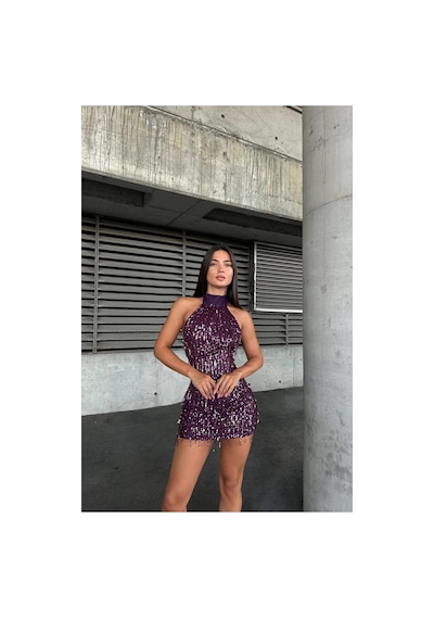 Lior Design Kadın Minimal Tasarım Simli Kumaş Halter Yaka Payetli Mini Abiye Elbise Kırmızı Lior Design Kadın Minimal Tasarım Simli Kumaş Halter Yaka Payetli Mini Abiye Elbise Kırmızı