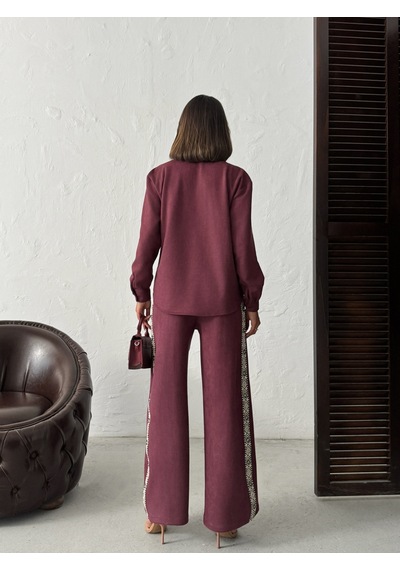 Verymoda Şerit Detaylı Scuba Süet Pantolon F1972 Bordo