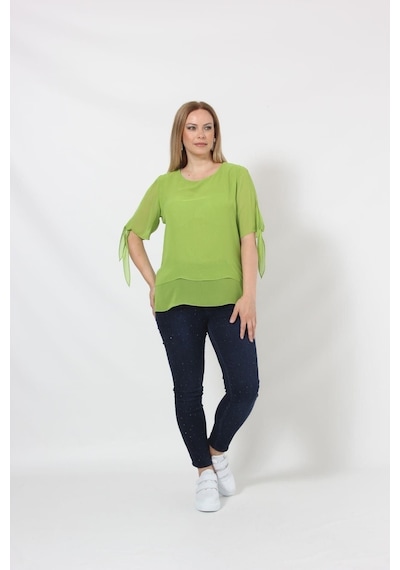 Moda Berray 3173 Fıstık Yeşili Kolu Bağlama Detaylı Bluz Yeşil