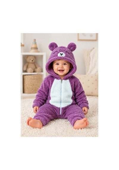 Kız Erkek Bebek Welsoft Peluş Tulum Kapüşonlu Fermuarlı Kışlık Bebek Tulumu Ayıcık Desenli Yumuşak Polar Tulum Mor