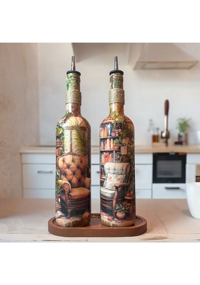 El Yapımı Kışbahçesi Desenli Renkli 750 Ml Zeytinyağı Sıvıyağ Şişesi Yağdanlık Yağlık 2'li Set Çok Renkli