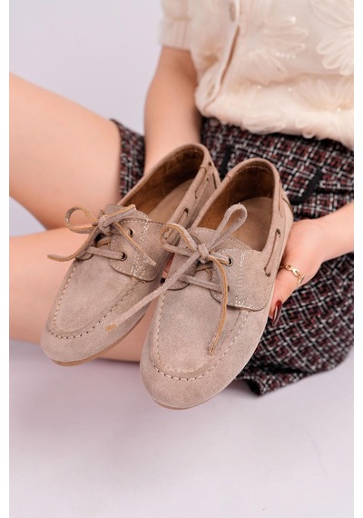 Nesilshoes Nesil Shoes Gabbel 300 Vizon Süet Bağcıklı Kadın Babet