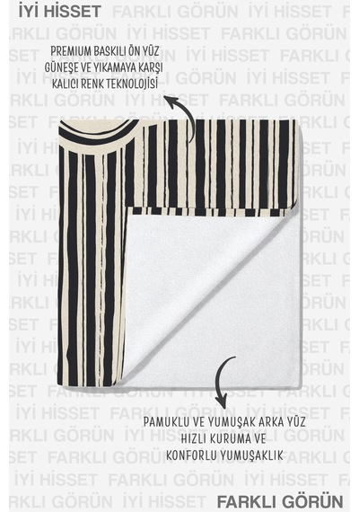 Palmiye Çizgili Tropikal Plaj Havlusu - Siyah Ekru Modern Marine Hızlı Kuruyan Mikrofiber Havlu Eski Çiçeği