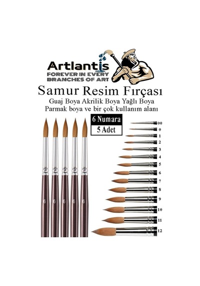 Resim Fırçası 6 Numara 5 Li 1 Paket Samur Yuvarlak Uçlu Fırça Seti Guaj Sulu Akrilik Yağlı Boya Fırçaları
