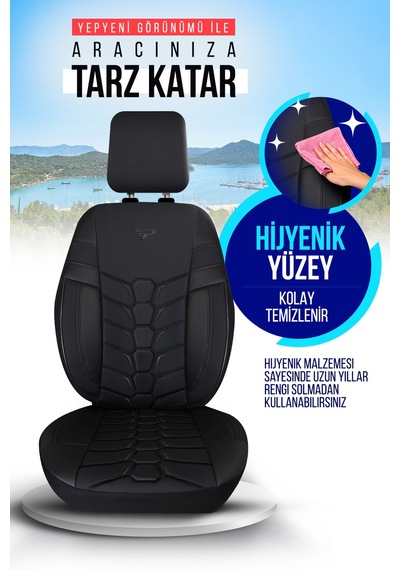 Siyah - Siyah Panda Valencia Serisi Jakar Kumaş Oto Koltuk Kılıfı - Tam Set