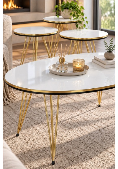 Sulorahome Gold Tel Ayaklı Beyaz 4'lü Sehpa Seti Beyaz - Altın
