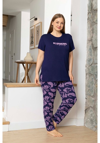 Aydoğan Kadın Pijama Takımı Kısa Kol Büyük Beden Battal Lacivert