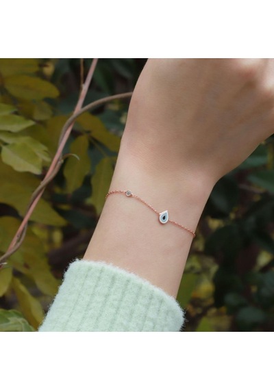 Damla Figürlü Zirkon Taşlı Mine İşli Rose Gold Kaplama Gümüş Bileklik Gümüş