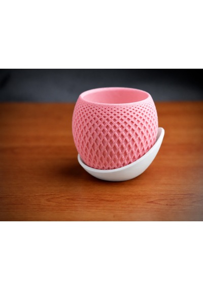 3d Baskı Küre Saksı - Kafes Dokulu İki Parçalı Dekoratif Saksı - Pembe-beyaz