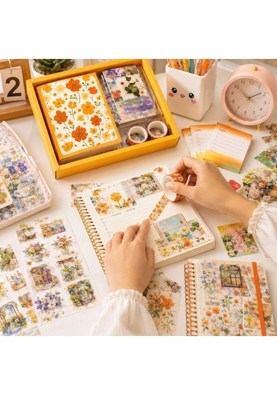 Vintage Çiçek Desenli A6 Günlük Ve Ajanda Hediye Seti - Estetik Scrapbooking Ve Günlük Süsleme Kit Kutusu 116 Parça Yeşil
