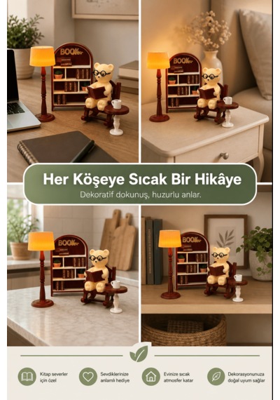 Kitap Okuyan Ayıcık Ve Kütüphane Biblo Seti - Kahve Köşesi Ve Masa Üstü Işıklı Mini Dekoratif Lambader Seti 11x15 Cm