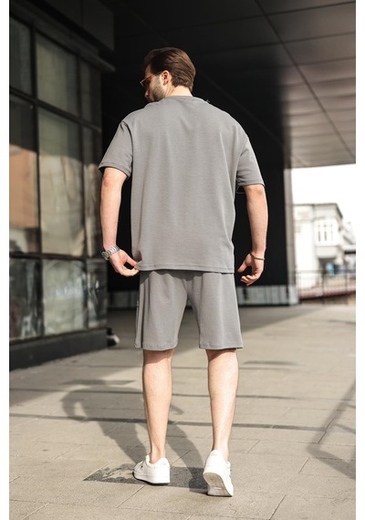 Madmext Füme Bisiklet Yaka Oversize Erkek Şort T-shirt Takım E7355 Füme
