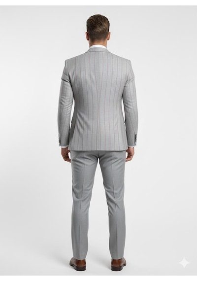 Erkek Çizgili Takım Elbise 3 Lü Set Ceket + Yelek + Pantolon Slim Fit İtalyan Tarz Gri