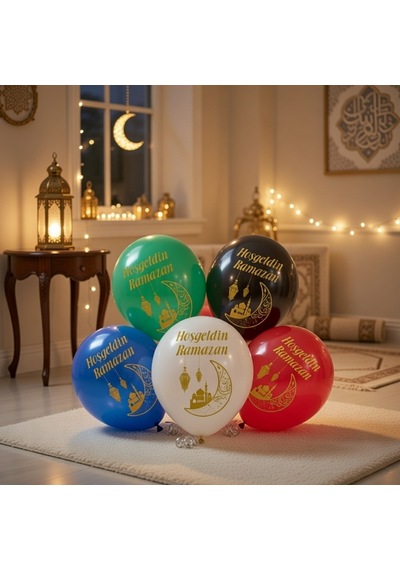 Ramazan Temalı 10'lu 12 İnç Baskılı Karışık Renk Lateks Balon Çok Renkli