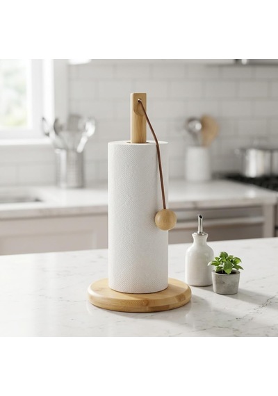Doğal Bambu Bohem Top Tutacaklı Kağıt Havluluk - Dekoratif Ahşap Stand 30x14 Cm, Kahve Ve Bambu Renk Seçenekli, 1 Adet Doğal Diğer