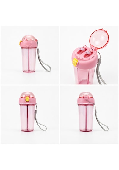 Heydiye Mâbeyn İkili Suluk 550 Ml Tritan Bpa-bps Free Matara, Çift Hazneli, Çift İçim Kapaklı, Bilek Ve Boyun Askılı, Sticker & 3d Figür Hediyeli Açık Pembe