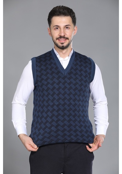 Kzc Tekstil Erkek Baba Ve Orta Yaş Desenli Akrilik Kalın Dokulu V Yaka Triko Süveter Mavi