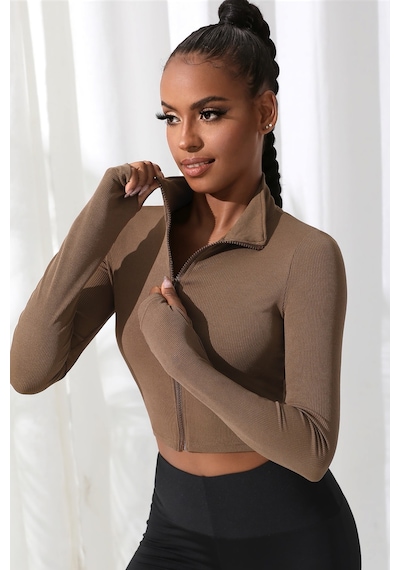 Fantezia Night Kadın Kahverengi Uzun Kol Fermuarlı Parmak Geçme Detaylı Dik Yaka Crop Top Bluz