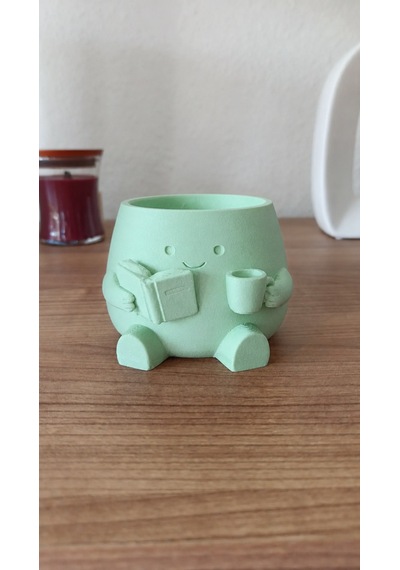 3d Baskı Kitap Okuyan Saksı - Kupa Tutan Sevimli Saksı-mint