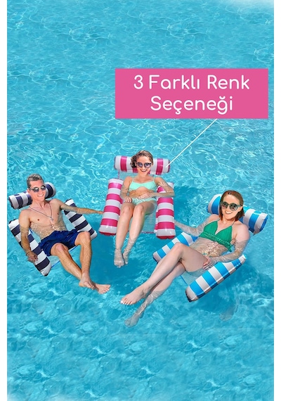 Fileli 3 Yastıklı Premium Deniz Havuz Hamağı 4 Fonksiyonlu Havuz Deniz Yatağı 120x122 Cm Pembe