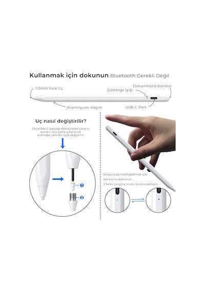 Bluetooth Stylus Pen Manyetik Çekim Destekli Apple Uyumlu iPad, & Android Kalem